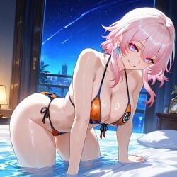 1girls ai_assisted ai_generated bedroom bedroom_background bedroom_eyes bedroom_setting bikini bikini_bottom bikini_only bikini_top dragon_ball female female_focus female_only honkai:_star_rail honkai_(series) march_7th_(honkai:_star_rail) night night_sky orange_bikini pink_hair pose seducing seduction seductive seductive_body seductive_eyes seductive_gaze seductive_look seductive_mouth seductive_pose seductive_smile solo solo_female solo_focus son_goku sweat sweating sweaty sweaty_body themed_clothes unique_eyes wet wet_body wet_skin