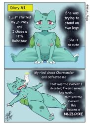 1girls 2025 3_fingers 3_toes @_@ anthro areolae breasts bulbasaur clawed_fingers clawed_toes defeated dialogue english_text female female_only generation_1_pokemon hi_res legs_apart looking_at_viewer lying michi_plaga nintendo nipples pokemon pokemon_(species) pussy red_eyes sitting solo text thick_thighs wavy_mouth