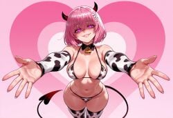 1girls ai_generated animal_print balecxi bare_shoulders bell bikini blush bob_cut breasts cleavage clothing collar collarbone cow_print cow_print_bikini cow_tail cowbell cowboy_shot curvaceous curvaceous_female curvaceous_figure curvy curvy_figure demon_girl demon_horns demon_tail detached_collar detached_sleeves female female_focus fingernails flower glowing_eyes grin hair_between_eyes hair_flower hair_ornament heart_background horns inviting inviting_to_sex large_breasts legwear lips looking_at_viewer momo_velia_deviluke navel neck_bell outstretched_arms pink_background pink_eyes pink_hair pink_lips presenting presenting_ass presenting_breasts presenting_hindquarters presenting_self print_bikini print_sleeves print_thighhighs purple_eyes reaching reaching_towards_viewer seductive seductive_look seductive_smile shaded_face short_hair smile solo stomach swimsuit tail teeth thighhighs thighs to_love-ru voluptuous voluptuous_female wide_hips