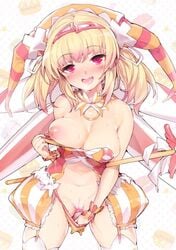 beatmania beatmania_iidx blonde_hair blush breast_slip cute_fang dildo female garter_straps hat jpeg_artifacts ki_no_rapika mutsutake one_breast_out open_mouth pulled_by_self pussy red_eyes solo striped thighhighs