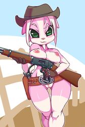 2014 anthro areola breasts caprine erect_nipples female fur furry furry_only green_eyes gun hat headwear kaitoh looking_at_viewer mammal mostly_nude naked nipples nude pussy ranged_weapon solo thick_thighs thigh_gap weapon