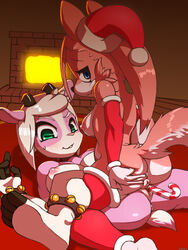 2014 2girls 4_toes anthro anus armwear barefoot bell blue_eyes breasts candy_cane canine caprine duo female female_only fur furry furry_only green_eyes hat headwear horn kaitoh legwear looking_at_viewer mammal nipples pussy sex shadow soles tail toes tribadism yuri