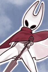alternate_skin_color arthropod_girl black_eyes cloak colored_skin female holding holding_weapon hollow_eyes hollow_knight hollow_knight:_silksong horned_mask hornet_(hollow_knight) horns legs_apart loodncrood looking_at_viewer mask navel needle_(hollow_knight) pussy red_cloak solo standing weapon white_mask white_skin