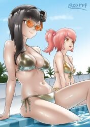 2girls bikini bikini_bottom bikini_top black_hair breasts bzurrf cheeta_(girls'_frontline_2) eyewear feet_out_of_frame female female_only girls'_frontline girls'_frontline_2:_exilium gold_bikini hair_ornament long_hair medium_breasts mp7_(girls'_frontline) multiple_girls navel outdoors ponytail pool qbz-191_(girls'_frontline) qiongjiu_(girls'_frontline_2) red_hair sitting sunglasses tinted_eyewear yellow_eyes