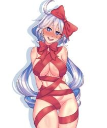 big_thighs blue_eyes blush breasts curves curvy_hips female female_focus female_only flustered flustered_female furina_(genshin_impact) genshin_impact gift_wrapped gift_wrapped_female hands_behind_back hips hips_wider_than_shoulders long_hair looking_at_viewer medium_breasts multicolored_hair pale-skinned_female raffart red_bow sexy sexy_body shy_expression shy_female slim_waist solo solo_female solo_focus thick_thighs wide_hips wide_thighs