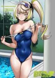 1girls big_breasts blonde_hair blue_eyes breasts bzurrf cameltoe cleavage closed_mouth covered_navel english_text feet_out_of_frame female female_only girls'_frontline girls'_frontline_2:_exilium hair_ornament hairband large_breasts long_hair looking_at_viewer navel one-piece_swimsuit outdoors pool sharkry_(girls'_frontline_2) side_ponytail standing star-shaped_pupils strap_pull swimsuit teasing teasing_viewer text tight_clothing undressing