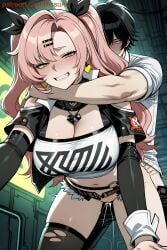 1boy 1girls 2026 ai_generated ankle_strap asphyxiation asymmetrical_bangs black_choker black_jacket black_necklace_heart_choker black_ribbon black_shorts black_socks black_thighhighs black_tube_top choking cleavage cum cum_in_pussy cum_inside detached_sleeves from_behind_position fur-trimmed_shorts green_eyes hair_ribbon hairclip heart_necklace hoyoverse large_breasts long_hair micro_shorts midriff mihoyo multicolored_nails nicole_demara o-ring_belt open_belt patreon patreon_username pink_hair ripped_clothing rissuai sex shoulder_cutout single_sock single_thighhigh thigh_belt torn_thighhighs two-tone_jacket two-tone_tube_top two_side_up vaginal_penetration vaginal_sex white_jacket white_tube_top yellow_heart_earrings zenless_zone_zero