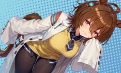 1girls aadka5 agnes_tachyon_(umamusume) ahoge animal_ears big_breasts black_necktie blush breasts brown_hair brown_pantyhose chemical_structure coat cork earrings female female_only hair_between_eyes highres horse_ears horse_girl horse_tail jewelry lab_coat large_breasts long_sleeves looking_at_viewer medium_hair mixed-language_commentary necktie pantyhose parted_lips red_eyes shirt short_necktie single_earring sleeves_past_fingers sleeves_past_wrists smile solo sweater sweater_vest tail test_tube umamusume white_coat wolf_cut yellow_sweater yellow_sweater_vest