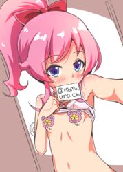 bare_arms bare_shoulders blue_eyes blush bow censored eyebrows_visible_through_hair female female hairbow kiratto_pri_chan lifted_by_self long_hair momoyama_mirai mouth_hold pink_hair ponytail pripara self_shot shirt_lift solo upper_body