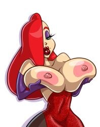 1girls areolae armwear big_breasts big_lips bimbo bimbo_lips breast_focus breasts breasts_out clothing dress elbow_gloves exposed_breasts eyeshadow female female_only gloves grabbing_own_breast green_eyes hair half-closed_eyes hands_on_breasts huge_breasts jessica_rabbit lips lipstick long_hair mature mature_female mature_woman nipples phazyn purple_eyeshadow purple_gloves red_dress red_hair red_lips red_lipstick solo solo_female thick_lips upper_body white_background who_framed_roger_rabbit