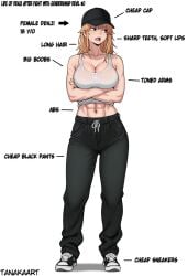 1girls abs ai_generated alternate_version_available arms_under_breasts arrow_(symbol) artist_name bare_shoulders baseball_cap biceps big_breasts black_footwear black_headwear black_pants blonde-haired_female blonde_female blonde_hair breasts brown_eyes brown_hair cap chainsaw_man character_sheet cleavage clothed_female clothing collarbone crop_top crossed_arms denji_(chainsaw_man) drawstring english_language english_text female female_denji female_only full_body genderswap_(mtf) hat headwear large_breasts lips long_hair looking_away looking_to_the_side medium_hair midriff muscle muscular muscular_female navel open_mouth pants rule63 rule_63 see-through sharp_teeth shoes simple_background sneakers solo solo_female sports_bra standing sweat sweatpants sweaty tanakaart tank_top text tomboy toned toned_arms toned_belly toned_body toned_female track_pants white_background white_tank_top