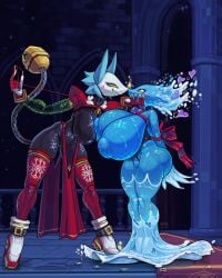 4k absurd_res anthro ass background big_breasts bigger_than_earth breasts cat_ears cat_girl cat_tail church deltarune deltarune_chapter_4 digital_media_(artwork) dress furry furry_female hi_res miss_mizzle_(deltarune) moan naked pussy romantic snao spirit tape tasque_manager_(deltarune) water yuri