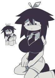 1girls 1other abbie_(fundamental_paper_education) black_eyes black_hair black_necktie black_shoes black_vest breasts closed_mouth collared_shirt disembodied_hand female fundamental_paper_education genderswap genderswap_(mtf) hair_ribbon huge_breasts motion_lines ribbon rule_63 sad shaded_face shirt shirt_lift shorts shoulder_length_hair stem swoiffer2 tears white_ribbon white_shirt white_shorts white_skin white_socks