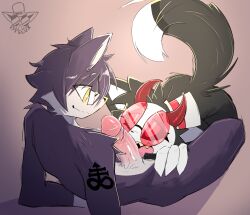 anthro black_sclera bodily_fluids canid clothing duo eyewear female genitals glasses hat headgear headwear hi_res leviathan_cross licking lying male male/female mammal oral penile penis penis_lick pupils red_eyes red_eyewear red_glasses saliva sex tail tongue top_hat vytelux white_pupils