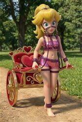 1girls 3d ai_generated ankle_cuffs barefoot blonde_female blonde_hair blue_eyes dirt_path forest forest_background harness heart_shape light_skin mario_(series) pink_clothing ponygirl ponyplay ponytail princess_peach pulling_carriage shiny_clothes shorts skintight_clothing tagme tubetop video wrist_cuffs