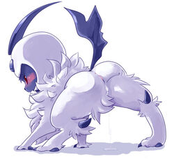 absol all_fours anus ass blue_fur blue_nose blush chest_tuft cum embarrassed female feral fluffy fur hindpaw looking_at_viewer looking_back nintendo open_mouth pasikon paws pokemon pokemon_(species) presenting pussy rear_view red_eyes solo tuft video_games wet white_fur