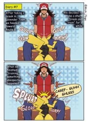 1boy 1girls 2025 anthro blowjob brown_hair comic dialogue english_text fellatio female generation_1_pokemon hi_res leotard long_hair male michi_plaga nintendo open_mouth oral pikachu pokemon pokemon_(species) pokemon_trainer pokephilia sex_sounds sitting speech_bubble tail text