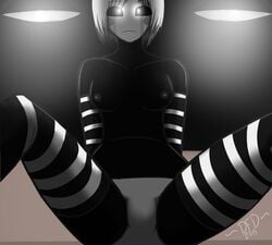 1girls animatronic arm_sleeves black_body breasts clothing datfurrydude female five_nights_at_freddy's five_nights_at_freddy's_2 greyscale humanized looking_at_viewer marionette_(fnaf) monochrome nipples panties puppet_(fnaf) rule_63 short_hair socks solo spread_legs stockings striped_socks thighhighs white_hair