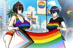 2girls aged_up ai_generated_background belle_(zenless_zone_zero) black_hair blue_eyes blue_hair city_background curvy curvydrawings day deep_skin digital_drawing_(artwork) female_focus flag hd high_resolution highres holding_object hoyoverse huge_breasts large_ass larger_female lgbt_pride lgbt_pride_colors lgbt_pride_month looking_at_viewer milf mommy orange_eyes pride_month shorts size_difference smile taller_female thick thick_thighs thigh_bulge thigh_grab thighhighs topwear voluptuous voluptuous_female wide_hips zenless_zone_zero zhu_yuan