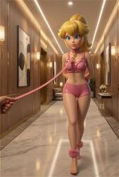 1girls 3d ai_generated ankle_cuffs barefoot blonde_female blonde_hair blue_eyes collar leash leash_and_collar leash_pull light_skin mario_(series) ponytail princess_peach shorts tagme tight_clothing tubetop video wrist_cuffs