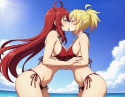 2girls ahoge ai_generated blonde_hair blue_eyes blue_sky closed_eyes crown_braid high_school_dxd high_school_dxd_hero hugging hugging_another hugging_partner kissing kunou_(high_school_dxd) large_breasts lesbian_couple lesbian_kiss long_hair navel ocean ponytail red_bikini red_hair remake remastered rias_gremory short_hair small_breasts standing yuri
