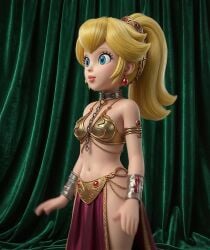 1girls 3d ai_generated belly_dancer belly_dancing bikini blonde_female blonde_hair blue_eyes chain_leash collar earrings female_focus female_only light_skin mario_(series) ponytail princess_peach slave slave_bikini slave_girl slave_leia_(cosplay) slave_outfit tagme video