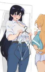 2girls absurdres arato_nagi belt big_breasts black_hair blush breasts bursting_breasts cleavage commentary_request denim ear_piercing embarrassed eyebrows_hidden_by_hair from_behind green_shirt gya2021 hair_between_eyes hand_on_own_hip highres holding holding_swimsuit holding_unworn_clothes huge_breasts jeans long_hair looking_at_another looking_at_object looking_down multiple_girls nagi_arato open_mouth pants piercing purple_eyes purple_skirt ruri_no_houseki ruri_rocks shirt skirt smile swimsuit swimsuit_hanger tanigawa_ruri thumbs_up unworn_swimsuit very_long_hair white_shirt