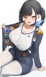 1girls 2025 belt black_bra black_hair blush bra bra_visible_through_clothes brown_eyes cleavage collar condom condom_wrapper fit_female goddess_of_victory:_nikke hayasi_iru highres hourglass_figure human human_female inviting jacket large_breasts light-skinned_female looking_at_viewer medium_hair miniskirt open_jacket opening_jacket pantyhose seductive seductive_look sitting skin_tight skintight skirt slim_waist smile smiling smiling_at_viewer solo sora_(nikke) suggestive suggestive_look thick_thighs tight_clothing tight_skirt translucent_clothing twintails white_background white_pantyhose wide_hips