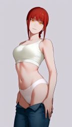 1girls ai_generated blue_pants bra chainsaw_man female female_only makima_(chainsaw_man) panties pants pants_down pinup red_hair solo underwear white_bra white_panties white_underwear zloimakak