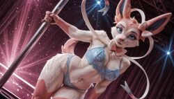 ai_generated anthro clothing eeveelution female indoors inside looking_at_viewer looking_pleasured nightclub pokemon pokemon_(species) pole pole_dancing solo standing sylveon topwear underwear