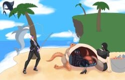 belly belly_stuffing big_ass big_belly big_breasts black_hair black_outfit bonnestar12 face_mask facemask female female_pred huge_belly looking_at_belly looking_down male_prey mask oral oral_vore voraisha_(vtuber) vore willing_prey