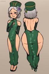 1boy back_view big_ass big_thighs dress embarrassed erection_under_clothes evening_dress femboy flat_chest flowers gloves hat high_heels hip_vent jeteggs long_dress multiple_views otoko_no_ko otto_suwen re:zero_kara_hajimeru_isekai_seikatsu sparkles sweatdrop trap wide_hips worried