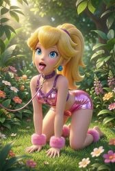 1girls 3d ai_generated ankle_cuffs blonde_female blonde_hair blue_eyes collar earrings female female_focus female_only flowers forest forest_background garden grass harness kneeling leash leash_and_collar mario_(series) on_all_fours ponytail princess_peach shiny_clothes tagme video wrist_cuffs