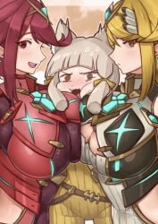 3girls @_@ absurdres ass bare_shoulders blonde_hair blush bodysuit breast_press breasts brown_background brown_eyes butt_crack chest_jewel cleavage cleavage_cutout clothing_cutout commentary_request core_crystal dress earrings female female_only grey_hair group_picture highres jewelry large_breasts long_hair looking_at_viewer multiple_girls mythra nia oniisan02b pyra red_eyes red_hair shiorino_mani_(artist) short_hair smile symmetrical_docking tiara upper_body v white_dress xenoblade_(series) xenoblade_chronicles_2 yellow_bodysuit yellow_eyes yotsuha_uni yotsuhauni