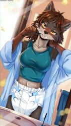 abdl anthro bathroom blush bondage brushing brushing_teeth clothed clothing commission diaper diaper_fetish female fur furry furry_only meowtat object_in_mouth padded solo stockings wearing_diaper ych