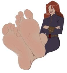 1girls annoyed_expression arms_crossed avengers avengers_assemble barefeet barefoot big_feet black_widow black_widow_(marvel) blush disney feet feet_fetish female_feet female_focus female_only foot_fetish foot_focus foreshortening legs_crossed looking_at_viewer marvel marvel_animated_universe marvel_comics natasha_romanoff pink_soles red_hair rtuenuik2 sitting soles solo_female toes