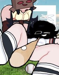 2025 2d 2d_(artwork) 2girls ? arcaned_roses ass baseball baseball_bat baseball_field baseball_uniform bent_over bottomless bottomless_female breasts censored censored_pussy convenient_censoring digital_drawing_(artwork) digital_media_(artwork) dizzy female female_focus female_only laying_on_ground mystery_(roses_arcaned) no_pants packy_pandora_(roses_arcaned) pale-skinned_female pale_skin roses_arcaned shoes thighs white_skin
