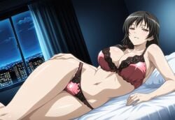 1girls accurate_art_style ai_generated bed bedroom black_hair city_background cleavage curtains curvaceous curvy curvy_figure female female_focus female_only flirting flirting_look flirting_with_viewer hair_over_shoulder hair_scrunchie half-closed_eyes high_resolution indoors kaori_sakaki lingerie lingerie_bra lingerie_panties long_hair lying lying_on_bed lying_on_side mature mature_female midriff milf mole mole_under_eye narrowed_eyes naughty naughty_face naughty_smile navel night on_bed on_side parted_lips ponytail ran_sem ran_sem_hakudaku red_eyes rin_x_sen_+_ran_-_sem_cross_mix seducing seducing_viewer seduction seductive seductive_body seductive_eyes seductive_look seductive_mouth seductive_pose seductive_smile sexy sexy_body sexy_pose side_ponytail smile solo tied_hair voluptuous wide_hips window yellow_hair young_adult young_adult_female
