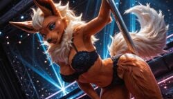 ai_generated anthro clothing eeveelution female flareon indoors inside looking_at_viewer looking_pleasured nightclub pokemon pokemon_(species) pole pole_dancing solo standing topwear underwear
