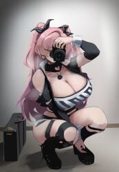 1girls absurd_res absurdres alternate_version_available belt belt_buckle big_breasts black_shorts boots bottomwear breasts briefcase camera crop_top detached_sleeves ear_piercing earrings female female_only footwear hair hair_ornament hair_ribbon heart_earrings high_heel_boots high_resolution highres hips holding_camera holding_object huge_breasts legwear long_hair mole mole_on_breast mole_on_thigh mole_under_eye necklace neckwear nicole_demara pink_hair ribbon s4ika selfie selfie_pose short_shorts shorts solo solo_female squatting steam steamy_breath sweat sweatdrop sweaty thigh_strap thighhighs thighs topwear twintails zenless_zone_zero