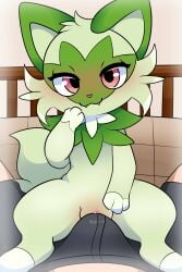 absurd_res bodily_fluids bulge cute_fangs duo eyelashes fangs female feral fur generation_9_pokemon genital_fluids genitals green_body hi_res human human_on_feral interspecies looking_at_viewer male male/female male_on_feral mammal nintendo paws pokemon pokemon_(species) pokephilia precum pupils quadruped smile sprigatito straddling tail teeth thick_thighs vaginal_fluids vulva yttriumi2f zoophilia