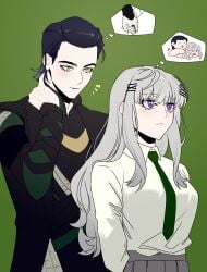 >_< 1boy animification black_hair black_jacket black_tunic breasts commentary_request couple doggy_style female female_pervert green_background green_eyes green_nails green_necktie grey_hair grey_skirt hair_ornament hair_slicked_back hairclip hand_on_own_neck height_difference highres holding_hands imagining jacket loki_(marvel) long_hair looking_ahead marvel medium_breasts necktie oc_x_canon open_mouth original pervert pleated_skirt purple_eyes shirt shirt_tucked_in short_hair skirt slit_pupils speech_bubble straight thor_(marvel)_(series) thought_bubble tsumikierika tunic upper_body white_shirt