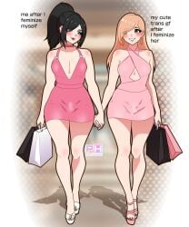2boys 2femboys bulge bulge_through_clothing bulge_under_clothes dress femboy femboys feminine_male feminization high_heels pink_horizons shopping_bag sissification sissy sissyfication speech_bubble text transgender wholesome