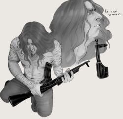 1boy devilsp3rm gun imminent_death postal_(series) postal_dude scars scars_all_over scars_on_arm shirtless shirtless_male