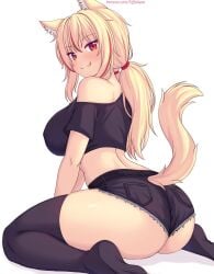 ass ass_focus bare_shoulders blonde_hair blush breasts cat_ears denim_shorts from_behind huge_ass large_breasts long_hair naughty_face no_bra nottytiffy red_eyes red_highlights short_shorts shorts sideboob tail thick_thighs thighhighs thighs tiffy tiffynyaa tongue_out twintails wariza