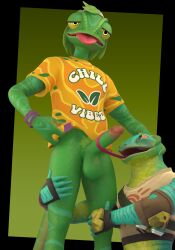 absurd_res anthro backwards baseball clothing duo epic_games fortnite gloves green_body half-closed handwear hat headgear headwear heart_symbol hi_res kissing lizzik_(fortnite) male male/male mostly narrowed nude scales side symbol tail view ziggy_(fortnite)