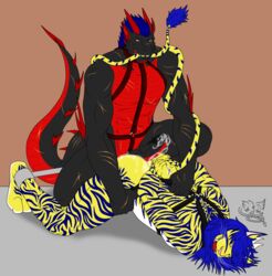 anthro bondage bound dragon feline furry horn hunterramirez lion male male_only mammal muscles penis scalie sex strypes tiger