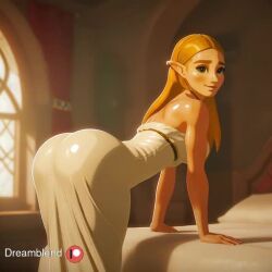 ai_assisted ai_generated all_fours animated ass bare_shoulders bed bedroom bent_over blonde_hair blurry blurry_background blush breasts closed_mouth curtains depth_of_field dreamblend dress female from_behind green_eyes indoors leaning_forward lips long_dress long_hair looking_at_viewer looking_back medium_breasts nintendo on_bed pillow pointy_ears princess_zelda shiny shiny_clothes shiny_skin smile solo sound strapless strapless_dress sunlight tagme thick_eyebrows video white_dress window zelda_(breath_of_the_wild)
