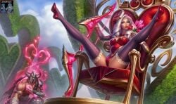 ai_assisted ai_edit ashe_(league_of_legends) edited_official_artwork heartbreakers_series heartseeker_ashe league_of_legends legs_up official_art riot_games sonamiku23 tryndamere