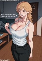 1girls abs ai_generated anger_vein angry angry_expression artist_name bare_shoulders biceps big_boobs big_breasts black_pants blonde-haired_female blonde_female blonde_hair blush boobs breasts brown_eyes chainsaw_man cleavage clothed_female clothes_pull clothing collarbone denji_(chainsaw_man) door english_language english_text female female_denji female_only genderswap_(mtf) huge_boobs huge_breasts indoors large_breasts long_hair looking_down messy_hair messy_room open_mouth pants rule63 rule_63 sharp_teeth shirt shirt_pull shirt_tucked_in solo solo_female spoken_anger_vein standing sweat tanakaart tank_top teeth text tomboy white_tank_top